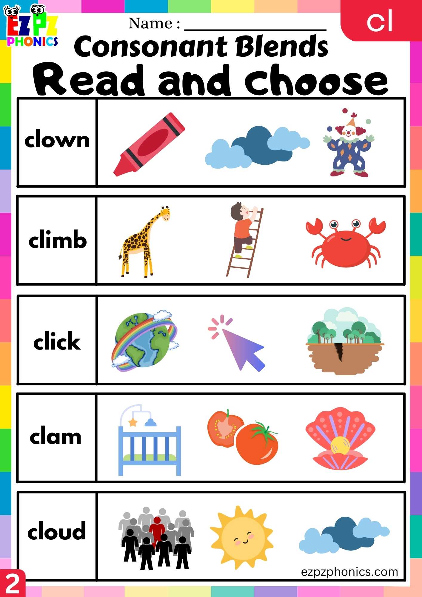 Group2 CL Words Read And Choose Phonics Consonant Blends Worksheet